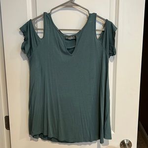 Sage green t shirt with shoulder cut out